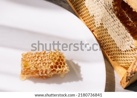 Piece of sweet honeycomb on the white plate near the open honeycomb in wooden frame on the table