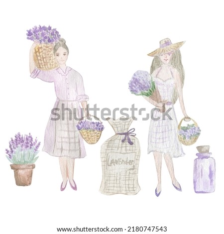 Girls with a basket and bouquet of lavender. Watercolor illustration.