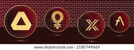 crypto currency set, gold currency vector illustration block chain logo isolated on red background on gold coin, achain, moeda loyalty points, immutable x, aave, futuristic decentralized finance. 