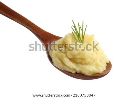 Wooden spoon of tasty mashed potatoes with dill isolated on white Royalty-Free Stock Photo #2180753847