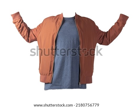 men's dark red bomber jacket and navy t-shirt isolated on a white background. fashionable casual wear