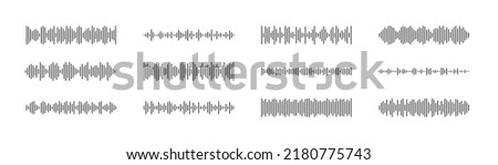 Podcast sound waves set. Waveform pattern for music player, podcast, voise message, music app. Audio wave icon. Equalizer template. Vector illustration isolated on white background. Royalty-Free Stock Photo #2180775743