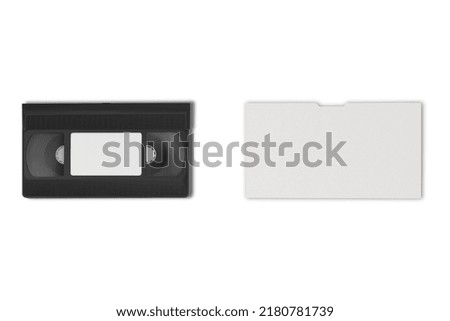 Blank white video cassette tape mockup, isolated, top view, clipping path. Clear vhs cassette case design mockup. Retro TV video cover template. Analog film case box copy with sticker.3d rendering.