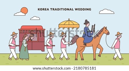 Korean traditional wedding. The groom is on horseback and the bride is on a carriage. flat design style vector illustration.
