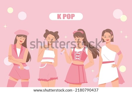 A group of female idols dressed in pink are standing in a lovely pose. flat design style vector illustration. Royalty-Free Stock Photo #2180790437