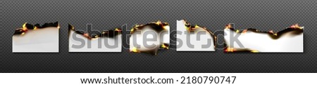 Burn paper borders, white burnt pages with smoldering fire on charred uneven edges, damaged parchment sheets in flame with ashes isolated on transparent background Realistic 3d vector illustration set Royalty-Free Stock Photo #2180790747