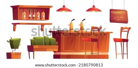 Bar furniture and stuff isolated set. Wooden desk with beer taps, high chairs, shelf with glass bottles, lanterns and signboard with plants in wood pots Cartoon vector illustration, icons, clip art