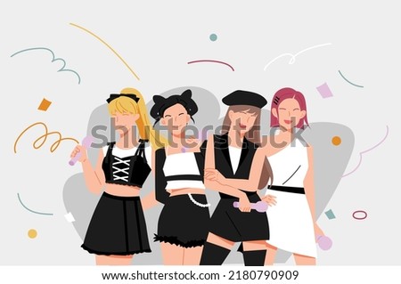 A black and white fashion style idol girl group. flat design style vector illustration. Royalty-Free Stock Photo #2180790909