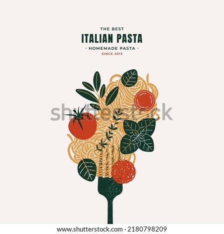 Spaghetti pasta on a fork. Pasta with meatball. Italian food design template. Textured vintage illustration.