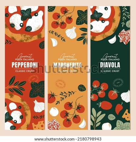 Italian pizza design templates. Pizza vertical banners with tomatoes and mozzarella. Vector illustration.