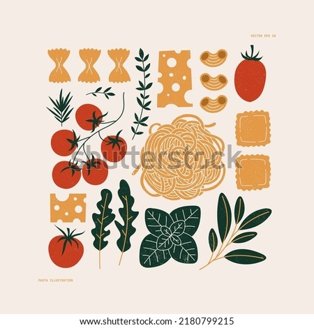 Italian pasta ingredients. Spaghetti and ravioli background. Food textured composition. Vector illustration. Royalty-Free Stock Photo #2180799215