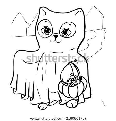 Little kitten in a ghost costume. Sweets trip. Halloween. Coloring book for children. Vector illustration isolated on white background.
