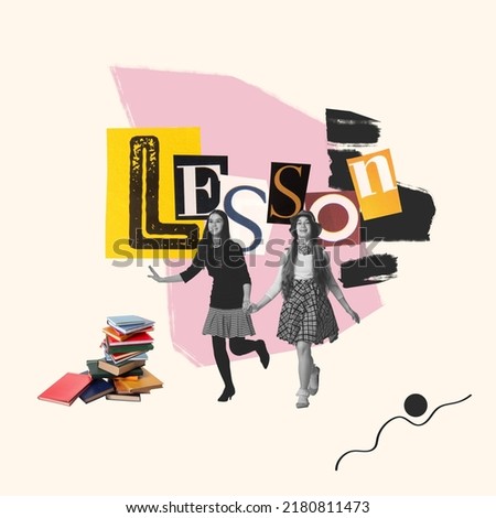 Contemporary collage with happy little girls, students isolated on light background with cut out letters in magazine style. Childhood, education, studying, back to school concept. Copy space for ad