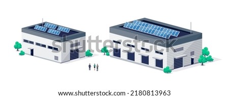 Warehouse logistic hall centre with doors for semi truck loading. Company business cargo transport delivery buildings. Renewable solar electricity energy on factory roof. Retail shipping distribution. Royalty-Free Stock Photo #2180813963