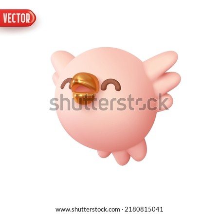 Cheerful bird round shape. The bird flies with its wings open. Realistic 3d design element In plastic cartoon style. Icon isolated on white background. Vector illustration