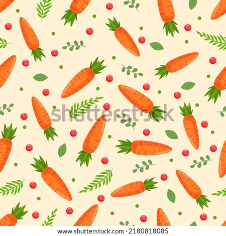 Seamless pattern with orange carrots, green leaves and summer berries. Vector illustration for fabrics, textures, wallpapers, posters, cards. Editable elements.