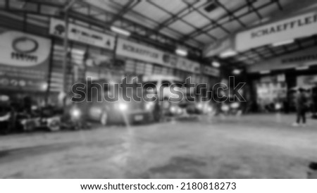 Black and White Blur Line of body Car with the equipment repair station in the garage shop. fix maintenance or checking by mechanic workshop. Business about of car or vehicle concept.