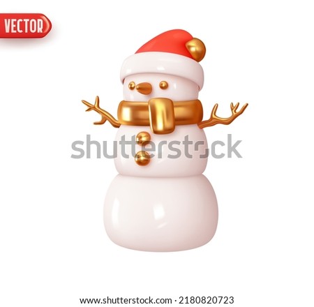 Snowman in red Christmas hat. Festive cute character. Realistic 3d design element In plastic cartoon style. Icon isolated on white background. Vector illustration Royalty-Free Stock Photo #2180820723