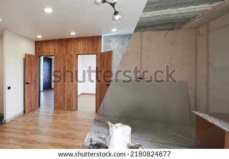 Comparison of old room with building tools and new renovated room. Photo collage of apartment before and after restoration. Concept of home renovation. Royalty-Free Stock Photo #2180824877
