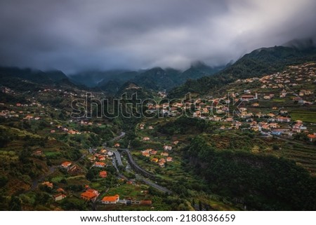 Sao Vicente or San Vicente, Madeira, Portugal - October 2021: The fragment view of Sao Vicente village from mountain. Long exposure picture