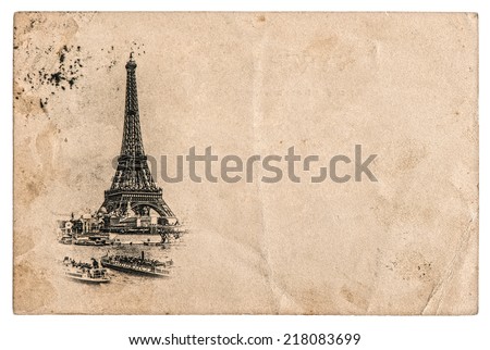 rare vintage postcard with Eiffel Tower in Paris, France, ca. 1894. aged grungy paper. retro style toned picture