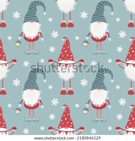 Christmas seamless pattern with scandinavian gnome and snowflakes. Can be used for fabric, wrapping paper, scrapbooking, textile, poster, banner and other christmas design. Flat style.