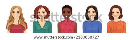 Portrait of multicultural multiethnic women with different hairstyles and outfits isolated vector illustration Royalty-Free Stock Photo #2180858727
