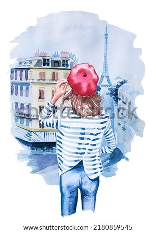 Beautiful watercolor Parisian woman and cityscape illustration isolated on white. Young fashionable woman wearing beret design.Travel concept print. France cityscape painting.
