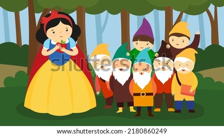 Snow White with an Apple and the Seven Dwarfs Royalty-Free Stock Photo #2180860249