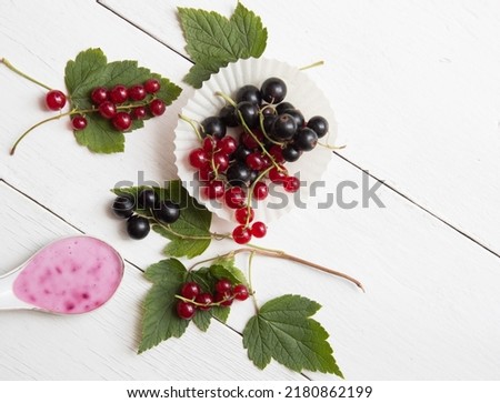 Homemade yogurt with black and red currant in spoon. Fresh berries with leaves on white wooden boards.