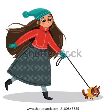 Vector illustration of young girl walking her dog in winter clothes.