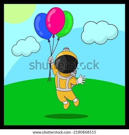 cute character, vector of an astronaut playing with balloons, suitable for banners, children's books, and etc