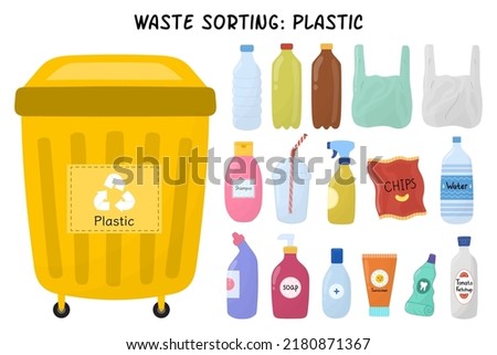 Plastic garbage sorting set. Yellow trash can for plastic waste with bottles and packages. Separating and recycling objects collection. Vector illustration