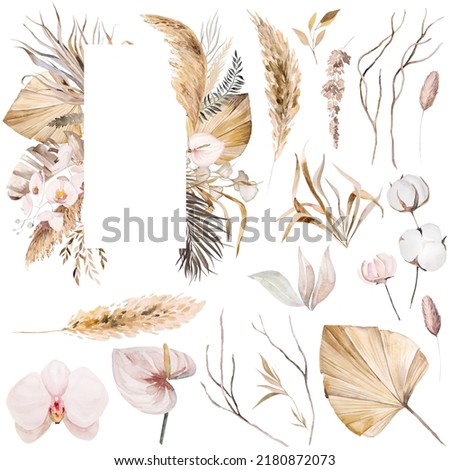 Watercolor Bohemian frame with dried tropical leaves, flowers and pampas grass illustration isolated. Beige single Elements for wedding design and crafting Royalty-Free Stock Photo #2180872073