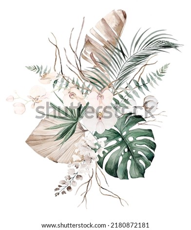 Bohemian Watercolor bouquet made with beige and teal green tropical leaves and light pink orchid flowers illustration isolated. Boho or ethnic arrangement for wedding stationery Royalty-Free Stock Photo #2180872181