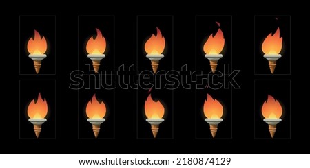 Fire torch animation. Flame Cartoon torch sprite sheet for video game. Burning fire on old wooden torch vector illustration.