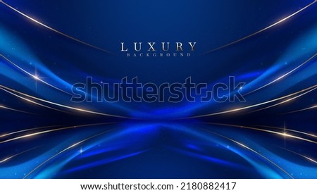 Blue luxury background with golden line decoration and curve light effect with bokeh elements. Royalty-Free Stock Photo #2180882417