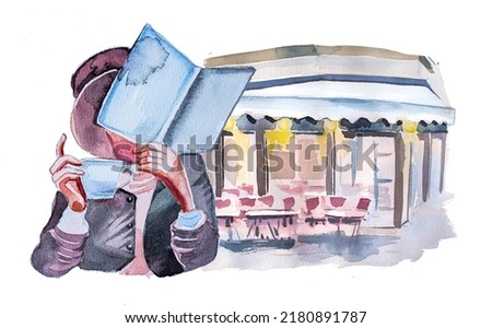 Beautiful watercolor woman with a book at a cafe illustration isolated on white. Young fashionable woman wearing beret design.Reading concept print. 