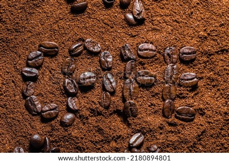 Banner with cafe sign on ground coffee background. 