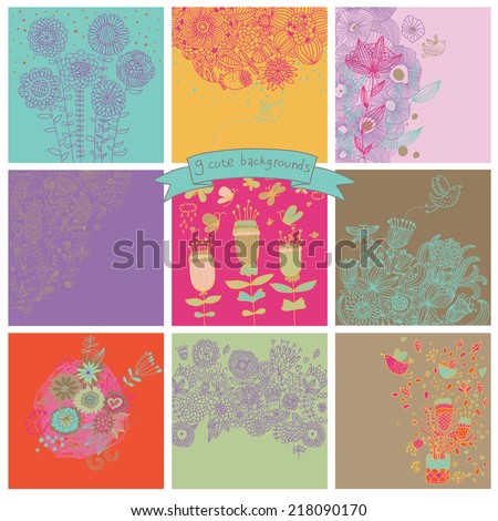 Set of cute nine floral backgrounds. Flowers, butterflies and birds - vintage cards in bright colors. Collection of elegance postcards. Wedding invitation design in retro style.