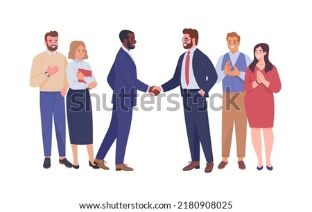 Meeting of two business teams. Vector cartoon illustration of diverse smiling business people, and two bosses shaking hands. Isolated on white