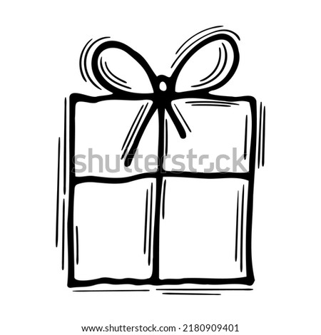 Hand drawn gift box. Doodle present with ribbon. Surprise. Birthday, wedding, Christmas. Vector illustration