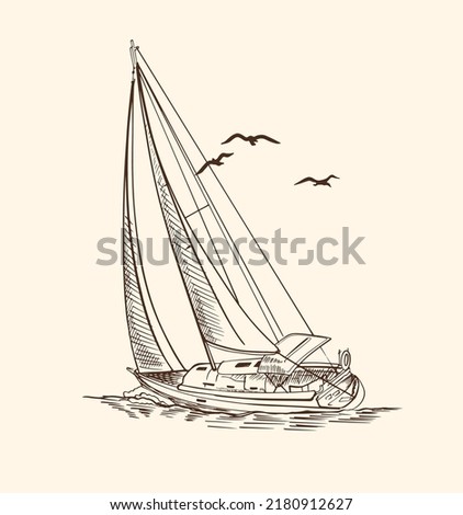 Sailboat in the sea, summer adventure, active vacation. Seagoing vessel, marine ship or nautical caravel. water transport in the ocean for sailor and captain. engraved hand drawn in vintage style. Royalty-Free Stock Photo #2180912627