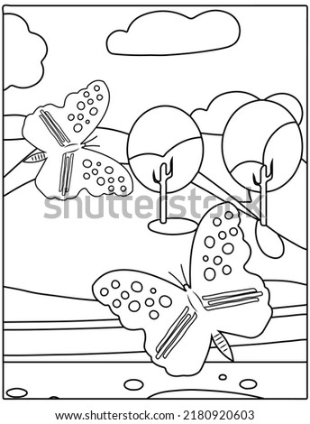 Black and white cartoon butterfly character coloring page for kids spring activity.