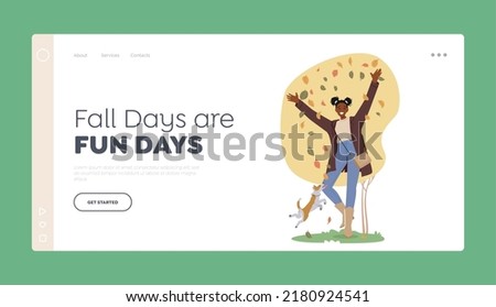 Fall Days Landing Page Template. Happy Black Teen Girl Spend Time with Pet Outdoors at Autumn Weather Throwing and Fun with Fallen Leaves. Young Female Character with Dog. Cartoon Vector Illustration