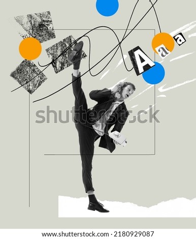 Contemporary art collage. Businessman standing on a twine and leading business phone conversation. Concept of retro style, creativity, surrealism, imagination. Creative artwork. Magazine style, ad Royalty-Free Stock Photo #2180929087