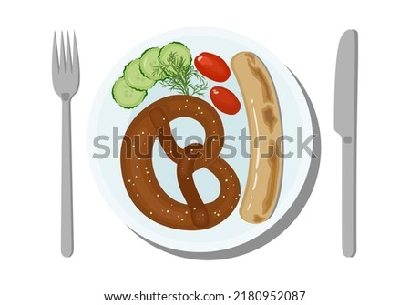 Breakfast plate with sausage, pretzel , tomatoes, cucumber and cutlery 