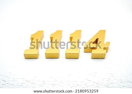 Number 1114 is made of gold painted teak, 1 cm thick, laid on a white painted aerated brick floor, visualized in 3D.                                