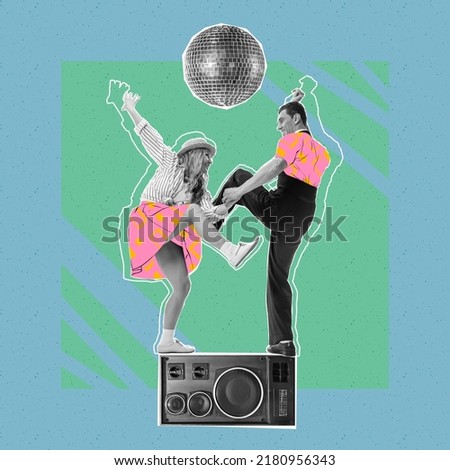 Contemporary art collage. Creative design. Stylish, young couple dancing on vintage music player isolated on blue background. Concept of creativity, retro style, party, fun. Copy space for ad Royalty-Free Stock Photo #2180956343
