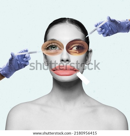 Contemporary art collage. Young woman doing face plastic surgery according to modern beauty standards. Blind trend following. Concept of beauty, plastic surgery, medicine, clinical cosmetology, ad Royalty-Free Stock Photo #2180956415